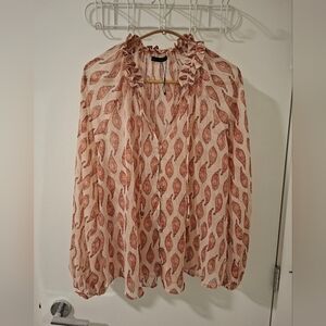 Zara Women's Pink & Gold Paisley Boho Sheer Flowy Puff-sleeve Blouse (Size M/L)
